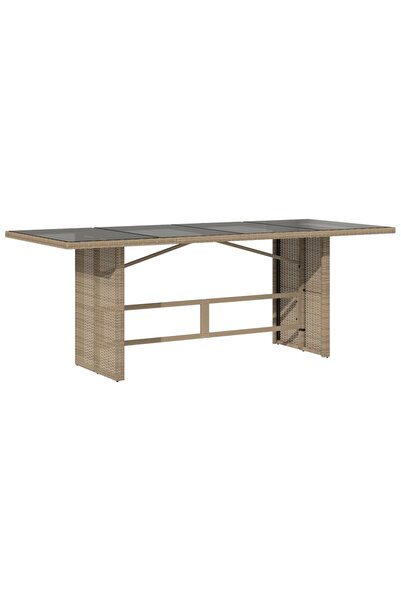 vidaxl Garden table with glass top, beige, 190x80x75 cm, polyrattan