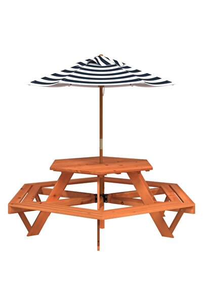 vidaxl Masă picnic pentru 6 copii cu umbrelă, hexagon, lemn masiv brad
