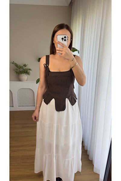 Butikrenginyılmaz Kalın Askılı Korse Büstiyer Keten Bluz