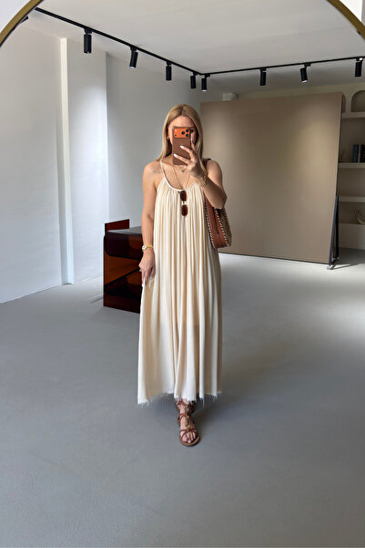 Sezgi Tekin Adjustable Strap Lined Cream Bohemian Dress