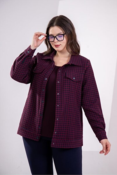 Roxxlen Women's Plus Size Gingham Jacket Burgundy