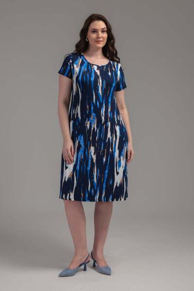 Madwilo Women's Navy Blue Beige Abstract Pattern Plus Size Stretchy Midi Dress