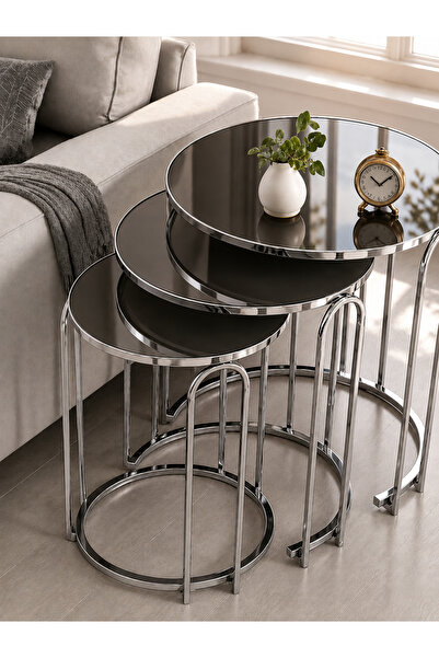 SEDAŞ LIVING UNITS Zigon Sehpa Füme Ayna Lenka Yuvarlak 3'lü Gümüş Metal seda...