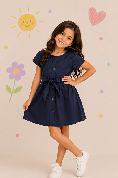 tinytrends Rochie de vară din denim cu curea și nasturi pentru fete