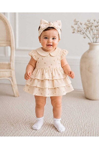 kidsense Baby Girl Floral Patterned Ruffle 100% Cotton Dress with Headband