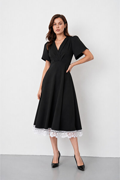 WOMAN VISION Black Crepe Fabric Stylish Design Lace Skirt Lace Double Breaste...