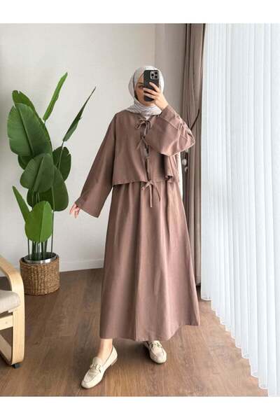 Moda Aydın Butik طقم كتان نسائي بتنورة وربطة أمامية - بني حليبي