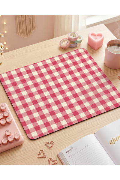 matizya Kare Mousepad Pembe Ekose Desenli Kaymaz Tabanlı Ofis ve Çalışma Masa...