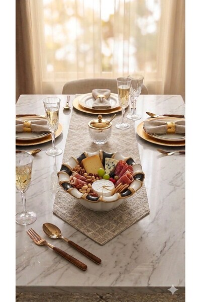 Sembol Porcelain Luxury Round Presentation Bowl - Black and White Striped wit...