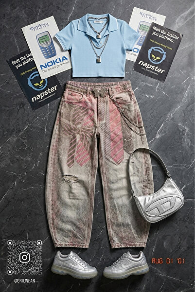 GRİİ WEAR Pantaloni unisex din denim gri vintage, cu imprimeu gravat, model b...