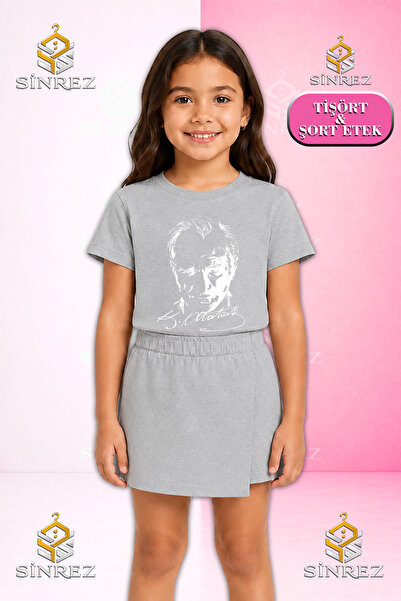 SİNREZ Girl's Set Ataturk Signature White Printed Short Sleeve T-Shirt Shorts...