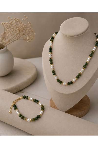 Zokak Certified Abundance and Peace Stone Original Green Agate and Natural Pearl 80 cm Necklace & Bracelet Jewelry Set - Real Natural Stone