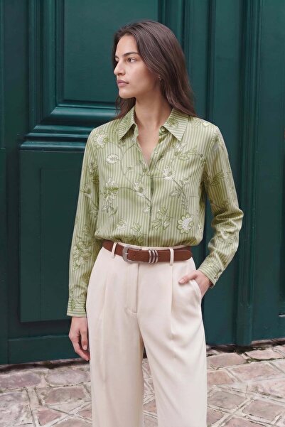 Sateen Cămașă cu dungi și model floral - Kaki