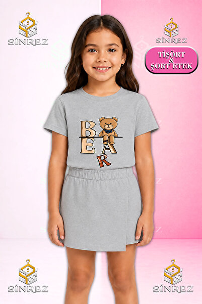 SİNREZ Girl's Set Bear Sitting on the Summer Sun Printed Short Sleeve T-Shirt...