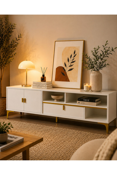 N.zone Luxurious White Modern Design Tv Table with Golden Legs and Practical ...