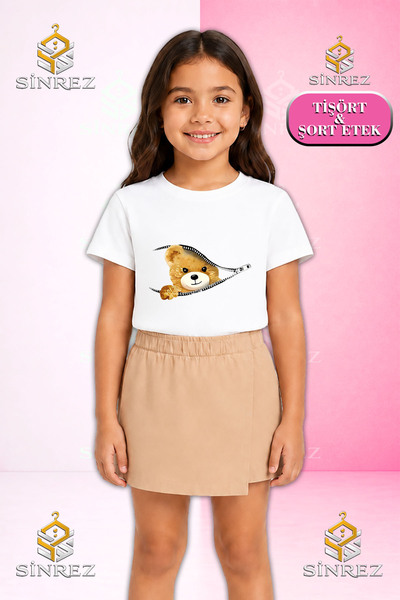 SİNREZ Set pentru fete AYICIK YARIM FERMUARLI Tricou imprimat cu mânecă scurt...