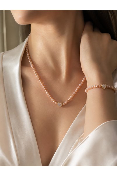 Zokak Certified Real Salmon Pearl Heart Detailed Drawstring Adjustable Women's Necklace and Bracelet Jewelry Set - Elegant Design