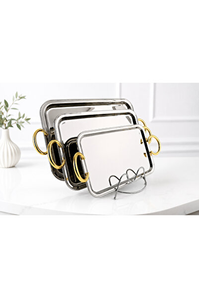 Wahat Aliamtiaz Stainless Steel Serving Tray Set with Side Handles Set of 3