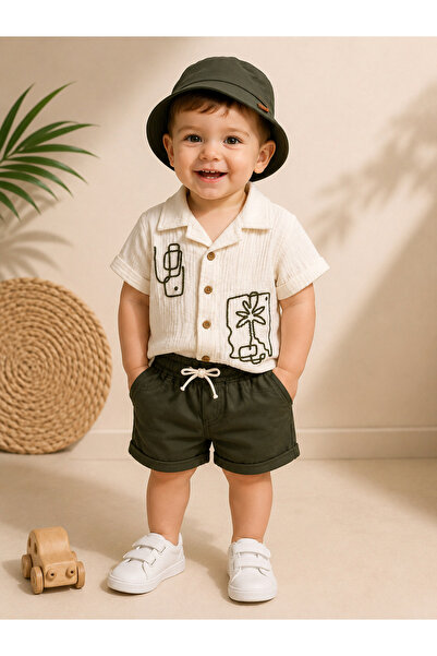 Nehad Bebe Baby Boy Muslin Shirt Linen Shorts Set with Hat Summer Baby Combin...