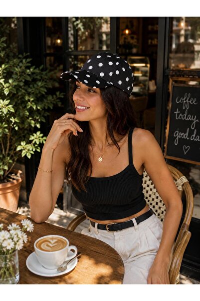 Wearflawless Kadın Siyah Puantiyeli Şapka, Trend Puantiyeli Ayarlanabilir Şap...