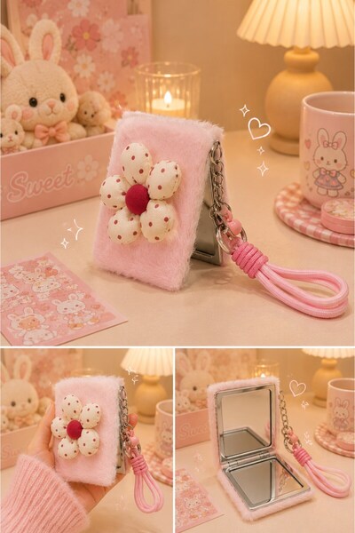 HediyeFilesi Peluş Desenli Çiçek Detaylı Cep Aynası Anahtarlık – Kawaii Çanta...