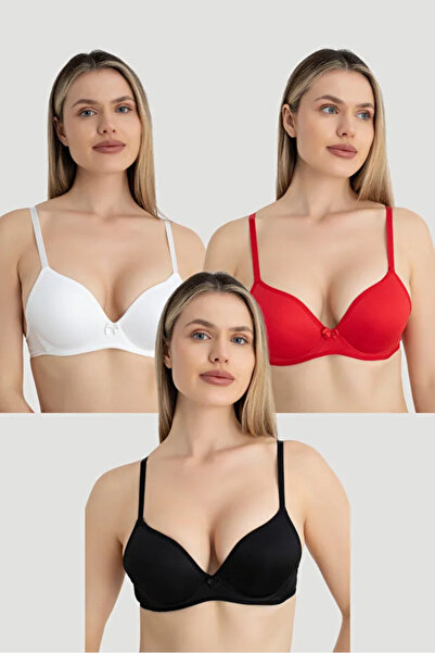 X MODAL Women's padded underwire bra 3-piece set black white red
