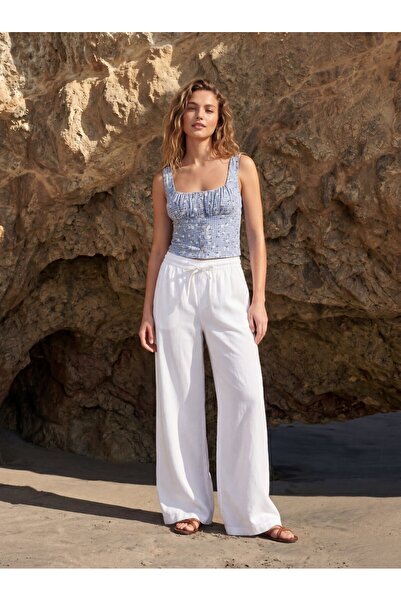 Ltb Wide Leg White Trousers with Elastic Waist