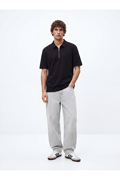 Ltb Polo Collar Zippered Basic Black T-Shirt