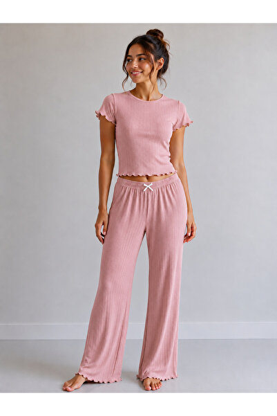 Loselya Women's 60% Bamboo % Cotton Lycra Ruffle Detailed Pajama Set with Spa...