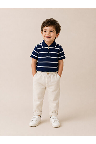 Canöz Kids Navy Blue Striped Mercerized Boys' Suit