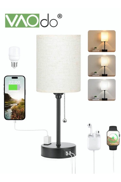 VAODO Bedroom Lamps 3 Color Temperatures with USB C and A Ports Pull Chain Ta...