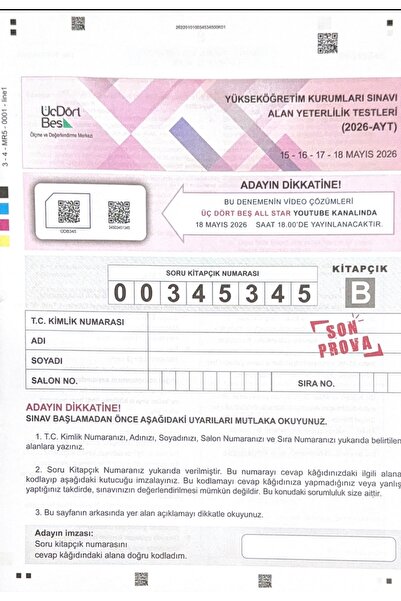 Üç Dört Beş Yayıncılık 345 ÜÇ DÖRT BEŞ 18 MAYIS 2026 KURUMSAL DENEME TYT - AYT