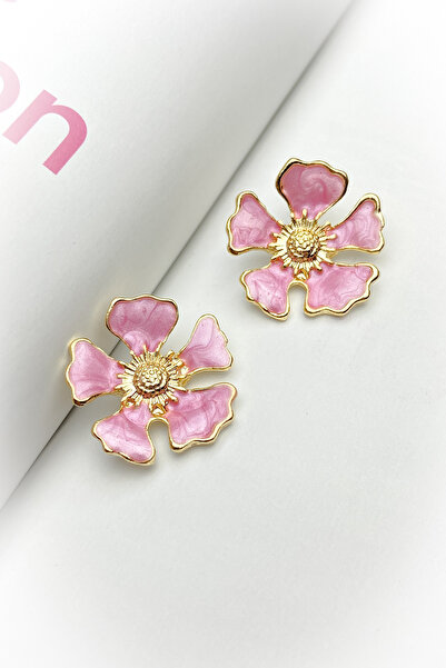 roshel Pembe Çiçek Form Gold Kaplama Küpe