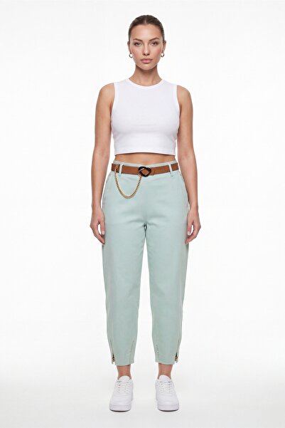 EXİTLİNE Women's Mint Summer Slim Trousers with Belt and Accessory Detail on ...