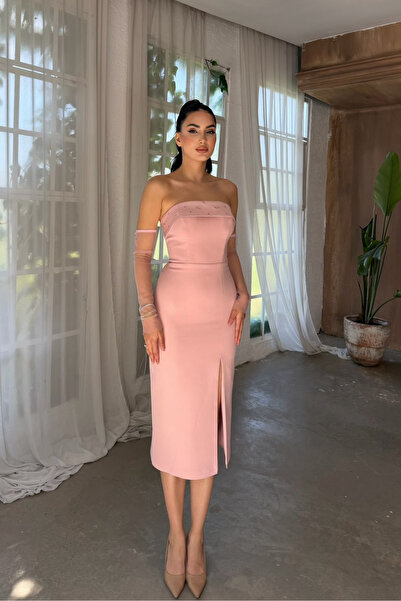 Sindimoda Esin Straplez Kolları Tül Midi Elbise 1079
