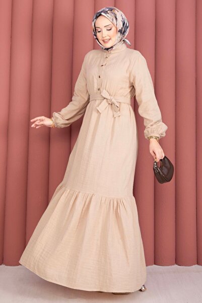 EBRUTESETTÜR Ruffled Skirt Half Buttoned Hijab Dress Beige