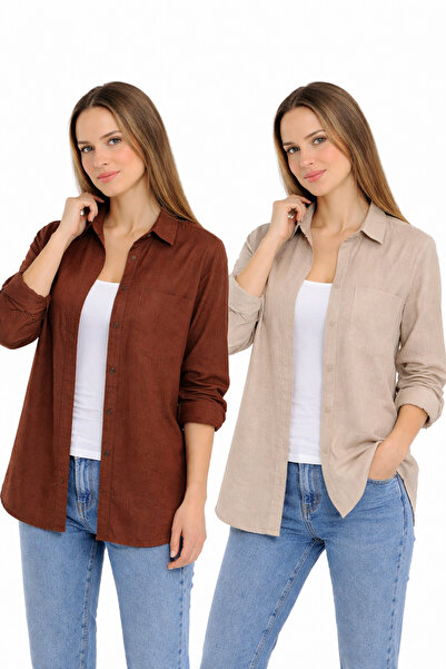 SANTAMİLA 2-Piece Linen Shirt 100% Cotton Brown Beige