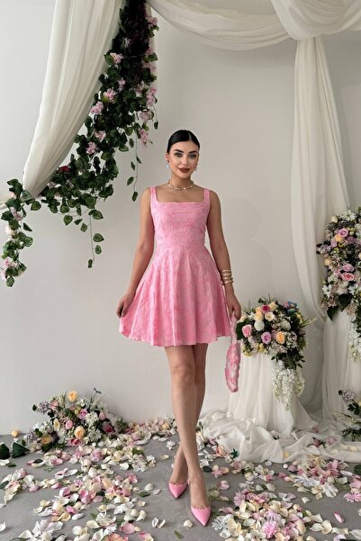 Caddebostan Moda Square Neck Floral Embroidery Flared Dress Mini Summer Strap...