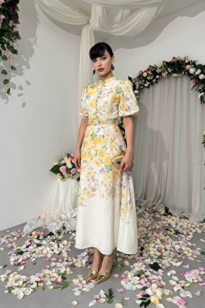 Caddebostan Moda Floral Patterned Belt Detailed Buttoned Balloon Sleeve Midi ...
