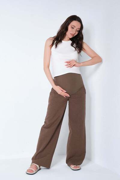 BUSA Maternity Stretchy Waistband Adjustable Linen Wide Leg Pants Brown