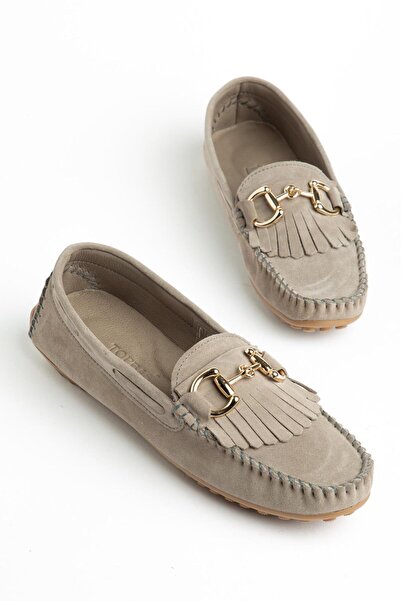 SNİCKER Women's Beige Buckle Suede Genuine Leather Orthopedic Sole Loafer Cas...