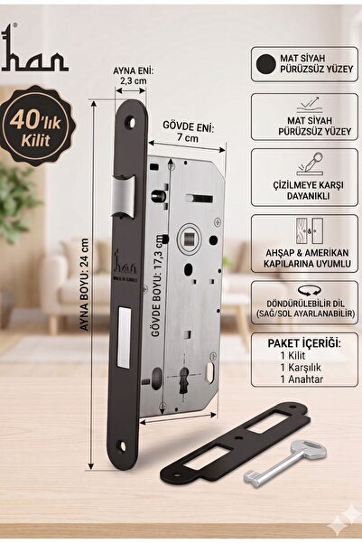 MEGAHOME STORE Han Locks 40 mm Oval Mat Siyah Oda Kapı Kilidi Metal Dilli - S...