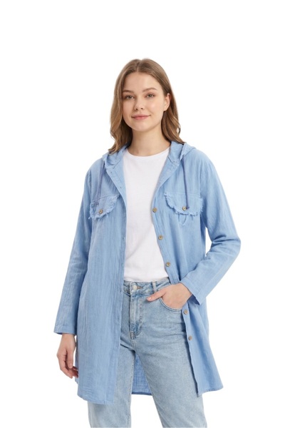 SUMEF Hooded Cotton Shirt Tunic Loose Cut Pocket Detailed Buttoned Women's Tunic