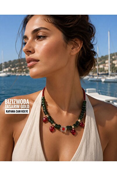 bizizmoda Cam Boncuk Doğal Taş Tasarım Renkli Kolye