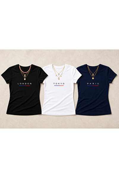 Tiny and Co Crew Neck Printed 3-Pack White/Black/Navy Blue Women's Slim Fit L...