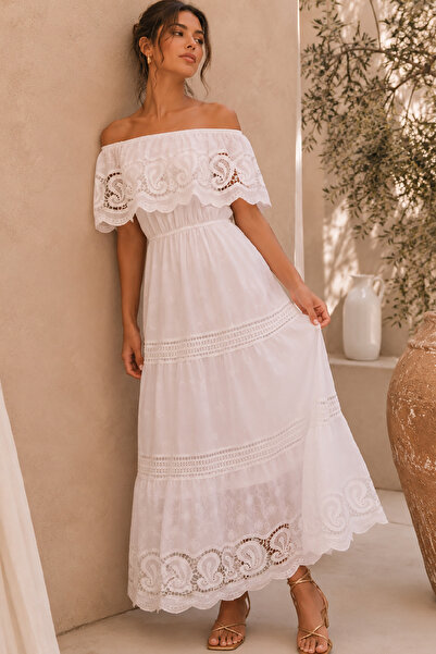 Pissos White Bohemian Long Dress |   Lace Detailed Off-Shoulder Premium Summe...