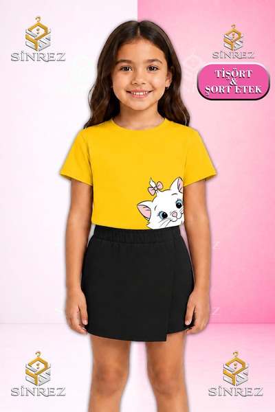 SİNREZ Set pentru fete cu imprimeu CAT, cu panglici pe cap, tricou cu mânecă ...