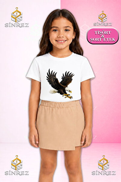 SİNREZ Girl's Set Eagle Colorful Attack Printed Short Sleeve T-Shirt Shorts S...