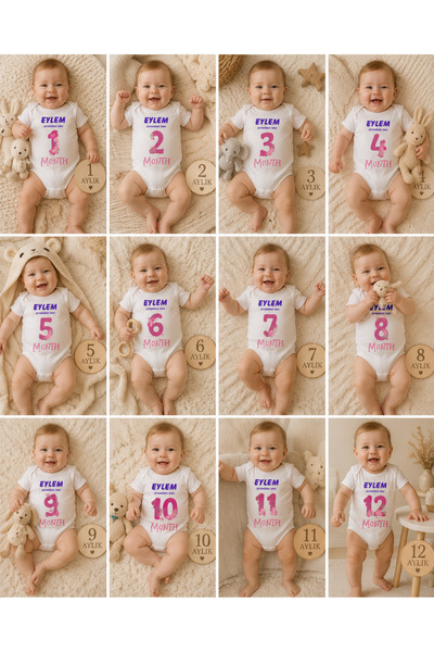 HAZDEN %100 Pamuklu Kişiye Özel 12’li Aylık Bebek Zıbın Seti – 1-12 Ay Fotoğr...