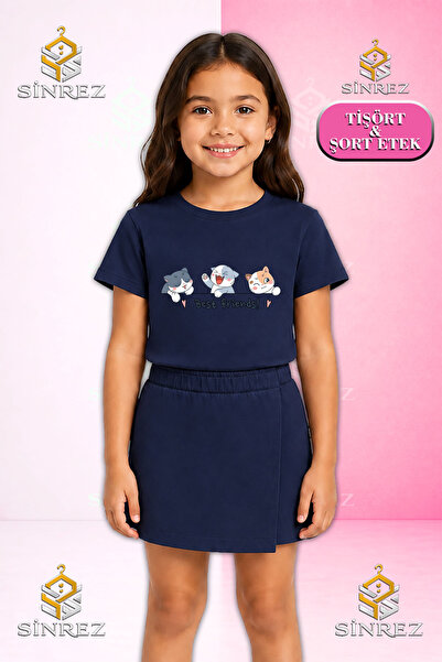 SİNREZ Set pentru fete cu imprimeu CAT BEST FRIEND, tricou cu mânecă scurtă, ...